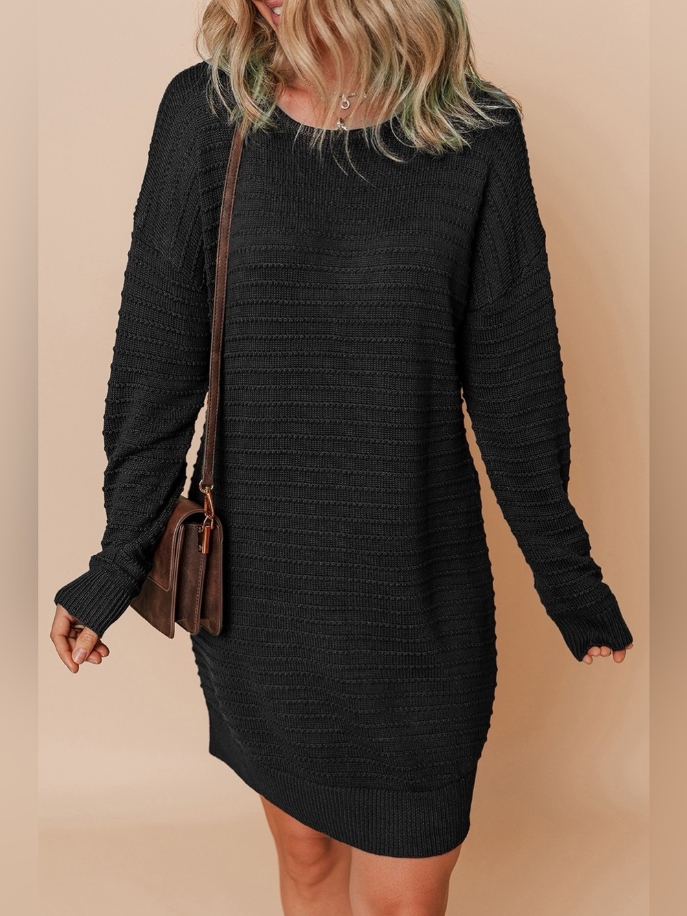 Solid Color Raised Rib Knit Dolman Sleeve Shift Sweater Dress